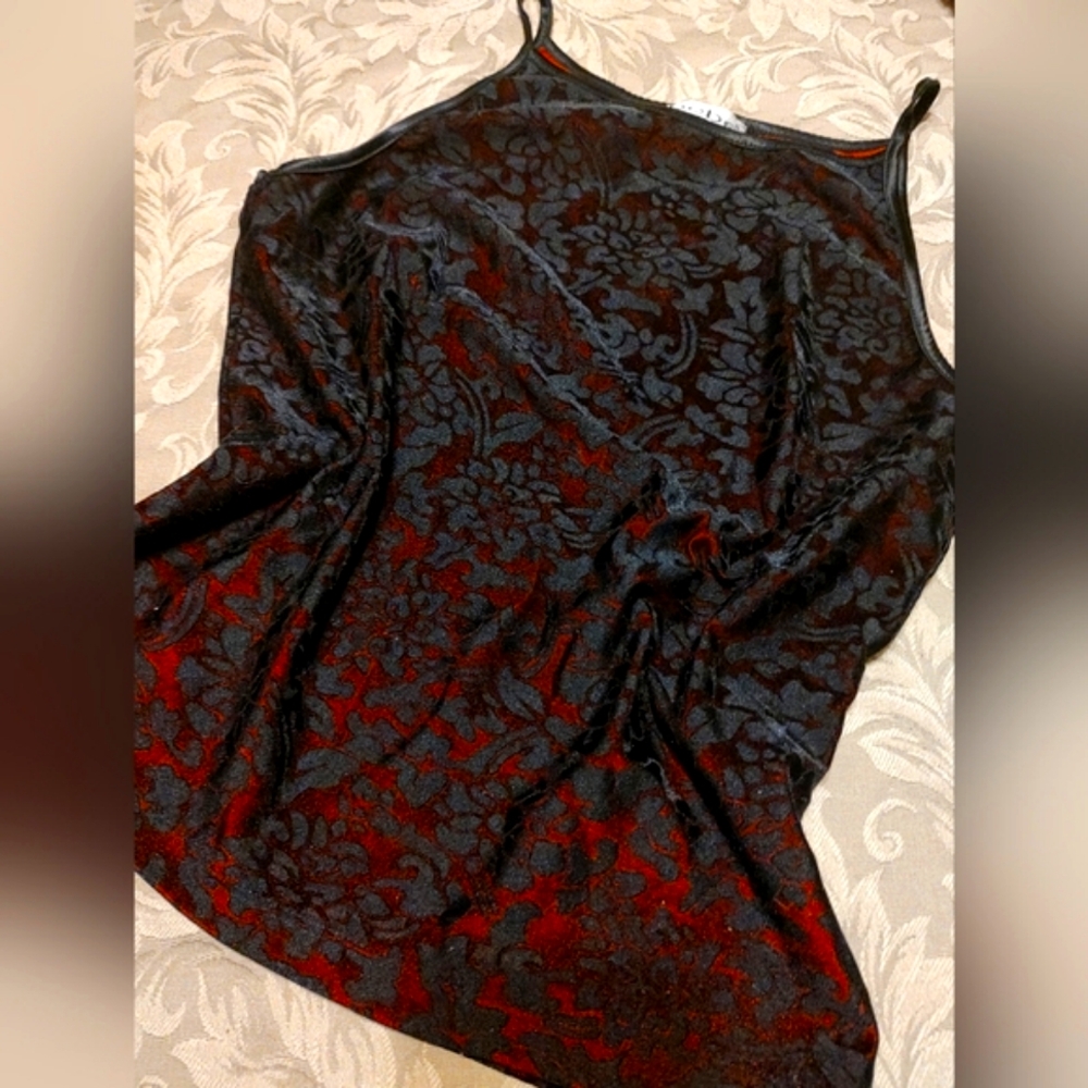 🐈‍⬛🎀🐈‍⬛ Sultry Gothic Bebe Black Floral Velvet & Crimson Scarlet Red Top - LJ